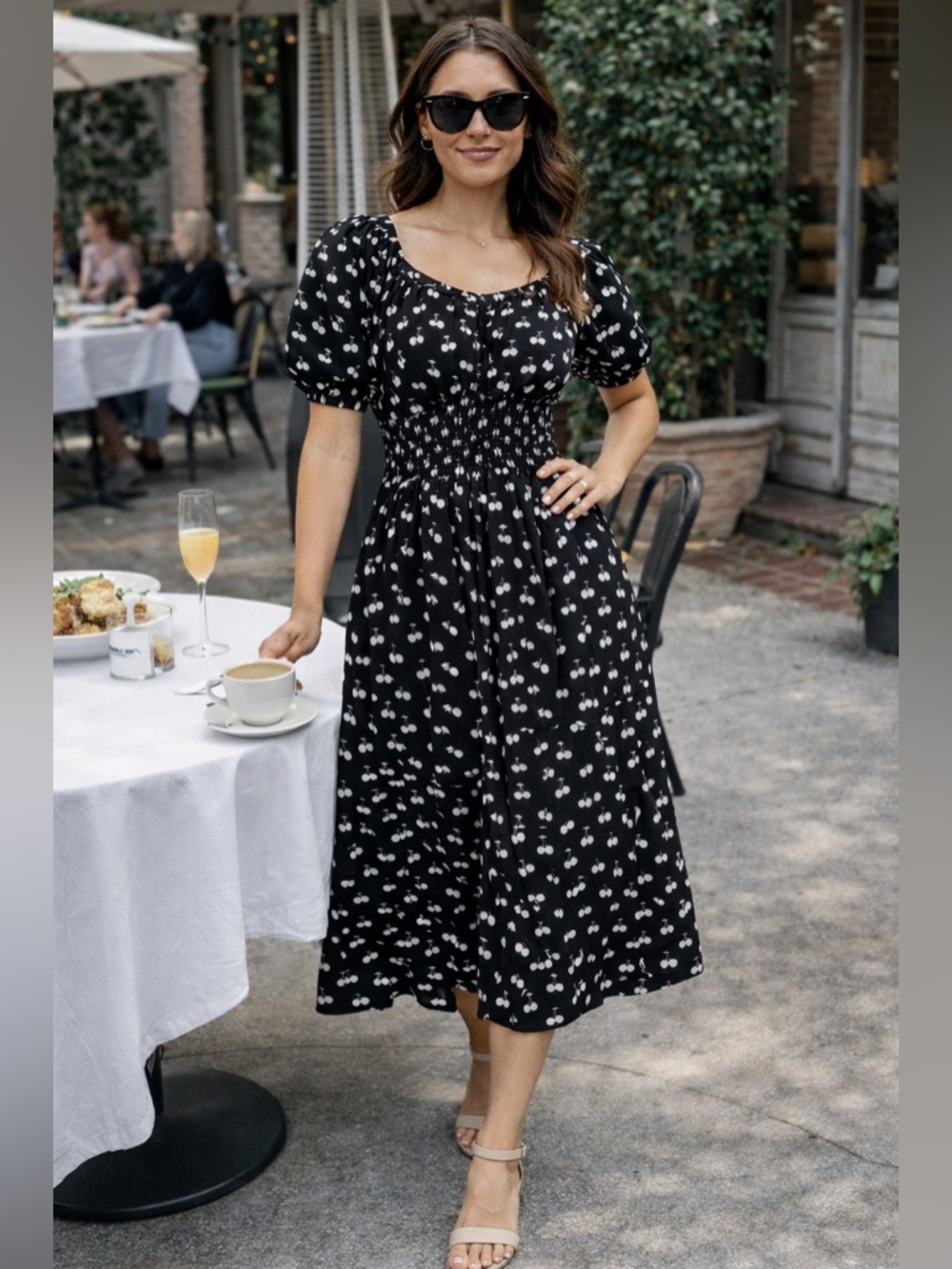On 34th Cherry Print Smocked Midi Dress Puff Sleeve Summer Brunch Casual Size XL